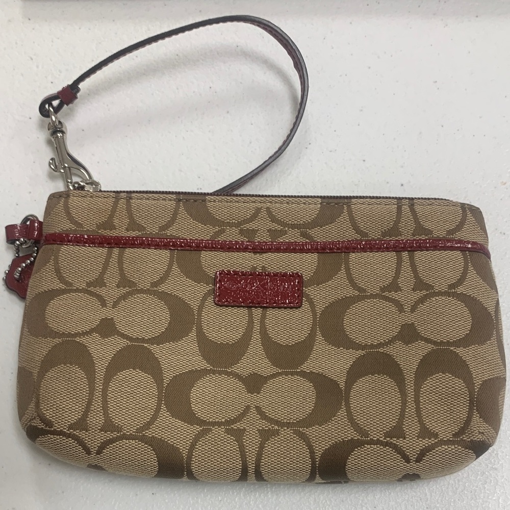 Coach Khaki Canvas Wristlet with Red Trim